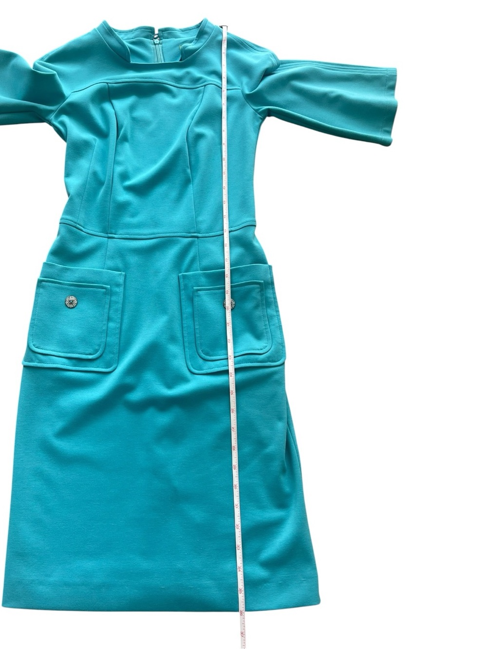 Sleek Turquoise Midi Dress with Flared Sleeves Size 34 - Picture 8 of 15